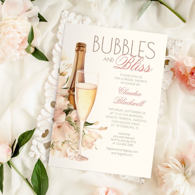 Invitation Bulles Bliss Floral Champagne Fête des mariées (Créateur téléchargé)