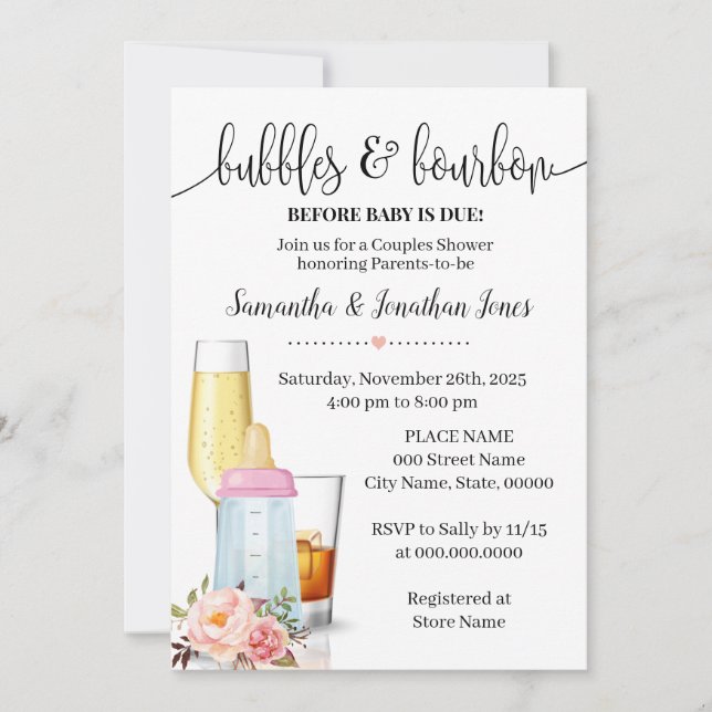 Invitation Bulles & Bourbon avant bébé Baby shower rose dû (Devant)
