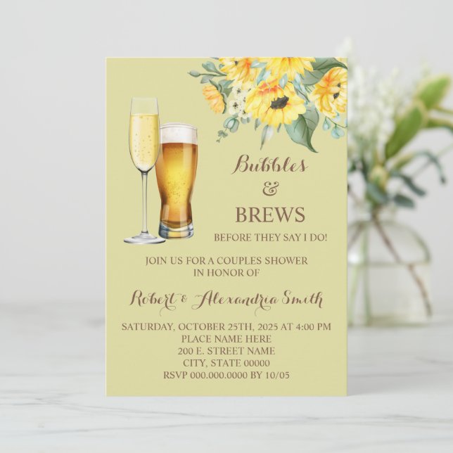 Invitation Bulles & Brews Couples Wedding shower Tournesols (Debout devant)