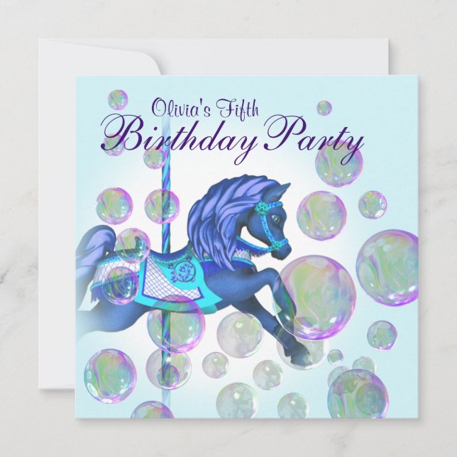 Invitation Bulles Carrousel Rose Poney Filles Fête d'annivers (Devant)