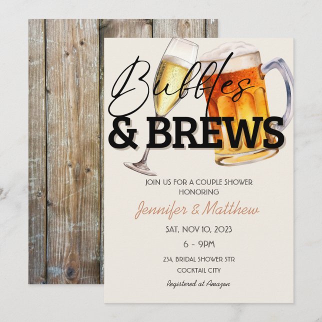 Invitation Bulles de Brasserie Bois Rustique Fête de Mariage  (Devant / Derrière)