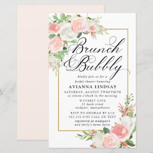 Invitation Bulles de Brunch Floral Rose Clair et B
