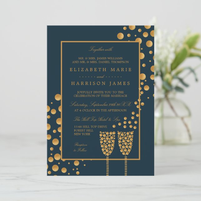 Invitation Bulles de Champagne d'or - Bleu & Or - Mariage (Debout devant)