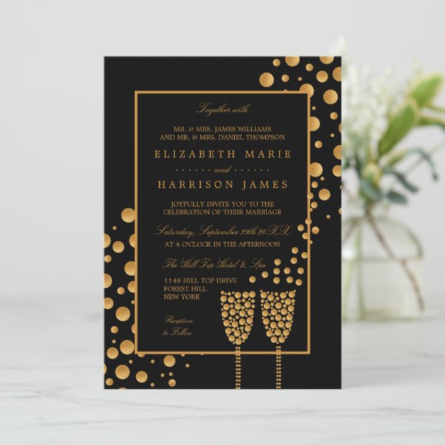 Invitation Bulles de Champagne d'or - Noir & Or - Mariage (Debout devant)