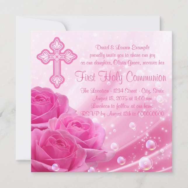 Invitation Bulles de rose rose pour la Première Communion (Devant)