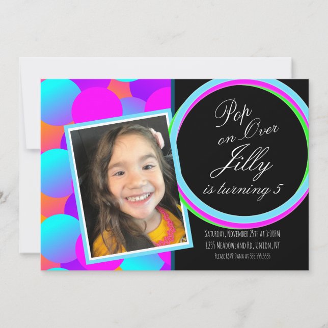 Invitation Bulles éclatent sur fond néon pour une fête d'anni (Devant)