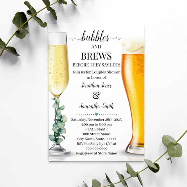 Invitation Bulles et brasses avant que je ne douche la verdur (Bubbles and Brews before I do Couples Shower Eucalyptus Invitation, Champagne and Beers Rehearsal)