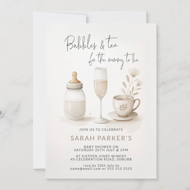 Invitation Bulles et thé pour maman pour être baby shower (Devant)