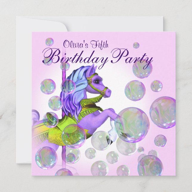 Invitation Bulles roses Carousel Pony Girls Anniversaire (Devant)