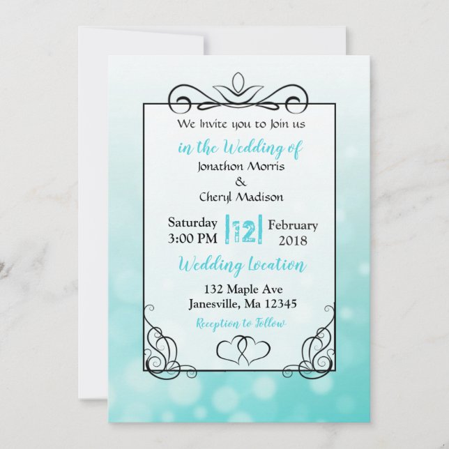 Invitation Bulles turquoises Black Script de mariage Invitati (Devant)