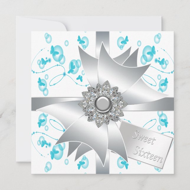 Invitation Bulles turquoises Papillons Sucré 16 Partie (Devant)