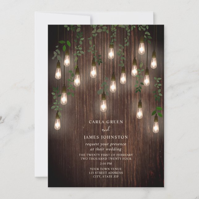 Invitation Bulles vintages Botanique Rustique Mariage en bois (Devant)