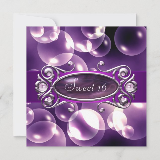 Invitation Bulles Violettes Fête Violette Douce 16 (Devant)