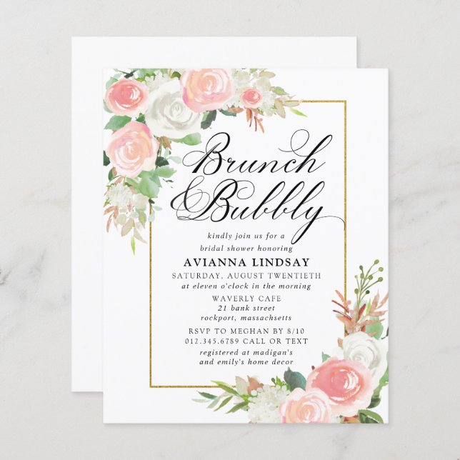 Invitation bulleuse de brunch floral rose et blanc (Devant / Derrière)