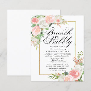 Invitation bulleuse de brunch floral rose et blanc