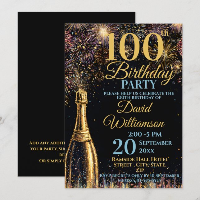 Invitation Bulleux Feux d'Artifice Or Bleu pour les 100 ans (Devant / Derrière)