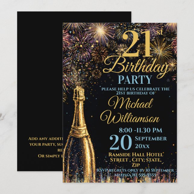 Invitation Bulleux Feux d'Artifice Or Bleu pour les 21 ans (Devant / Derrière)
