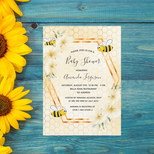 Invitation Bumble abeille nid d'abeille baby shower de fleurs (Créateur téléchargé)