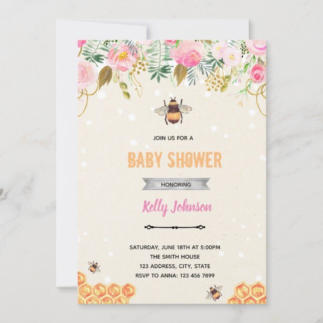 Invitation Bumble bebe rose fleurie fête d'anniversaire (Devant)