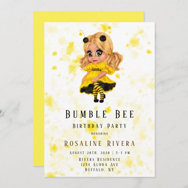 Invitation Bumble Bee Preteen Fille fête d'anniversaire (Devant / Derrière)