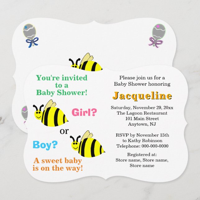Invitation Bumble Bee Rose Bleu Hochet Baby Shower (Devant / Derrière)
