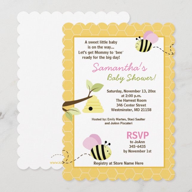 Invitation Bumble Bee Rose Wings Die Cut Baby shower Invitati (Devant / Derrière)