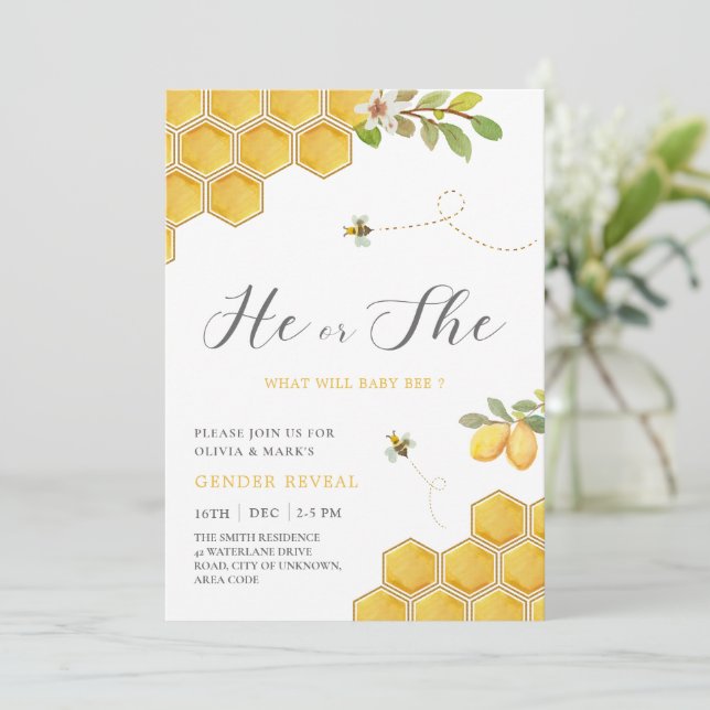 Invitation Bumble Bee Yellow Honeycomb Baby Genre Revey (Debout devant)