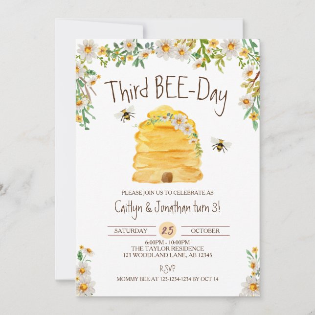Invitation Bumble Bees Anniversaire, Jumeaux 3ème Jour d'Abei (Devant)