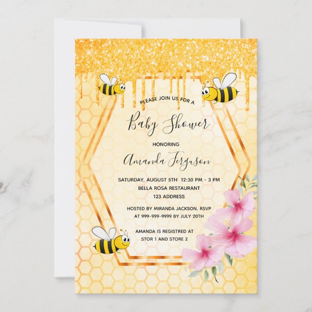 Invitation Bumble parties scintillant d'abeille gouttes de ba (Devant)