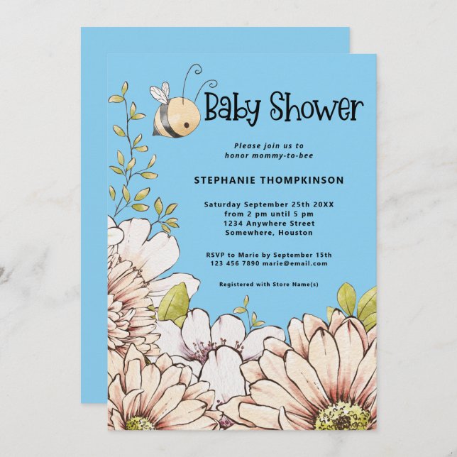 Invitation Bumblebee Florals Baby Blue Douche (Devant / Derrière)