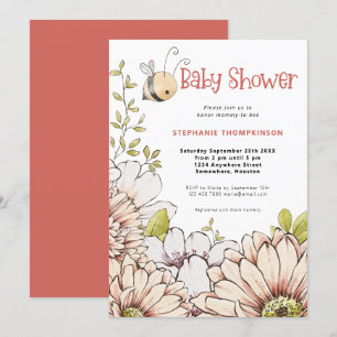 Invitation Bumblebee Florals Baby shower de corail