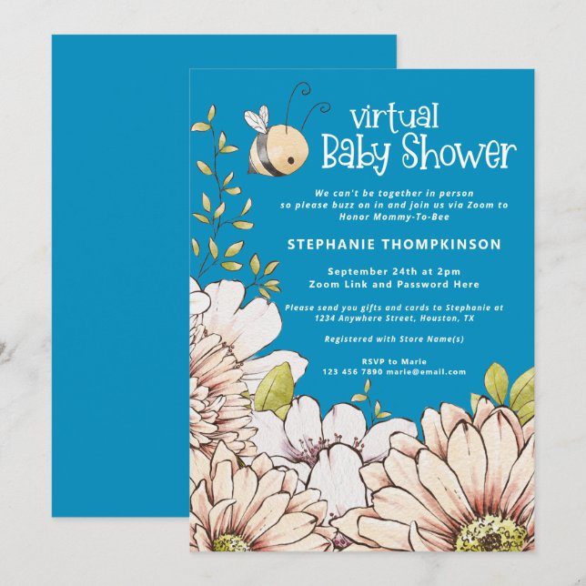 Invitation Bumblebee Florals Baby shower virtuel bleu (Devant / Derrière)