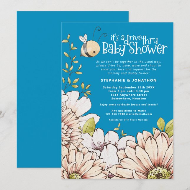 Invitation Bumblebee Florals Blue Drive Thru Baby shower (Devant / Derrière)