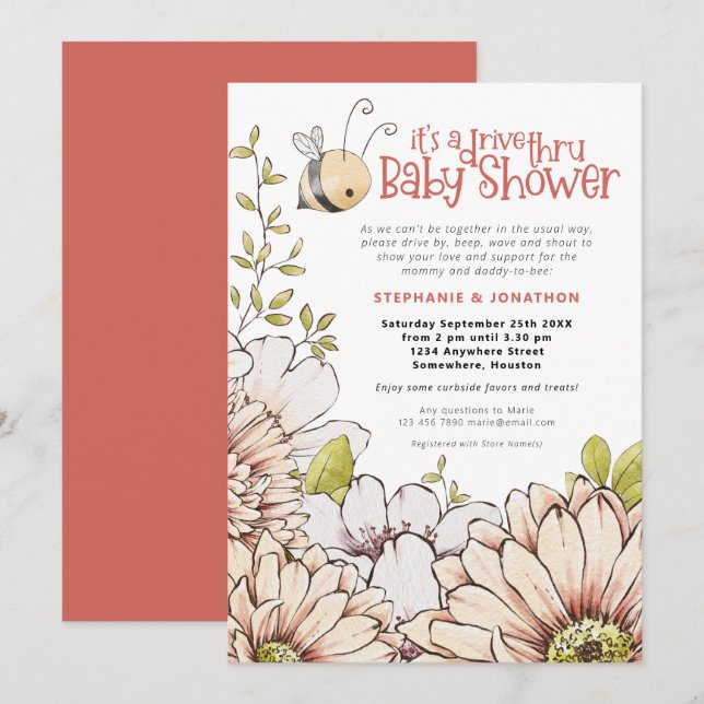 Invitation Bumblebee Florals Coral Drive Thru Baby shower (Devant / Derrière)