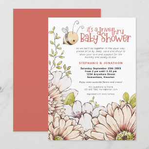 Invitation Bumblebee Florals Coral Drive Thru Baby shower