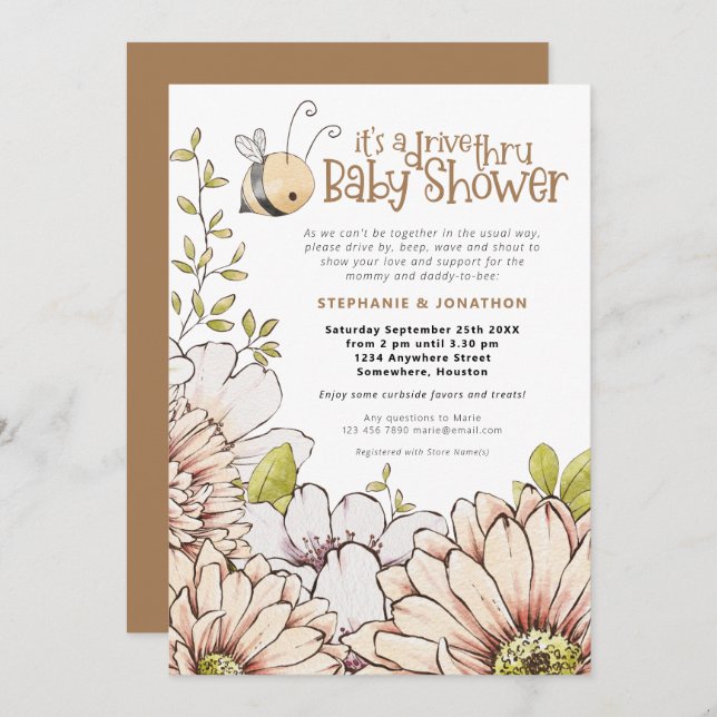 Invitation Bumblebee Florals Gold Drive Thru Baby shower (Devant / Derrière)