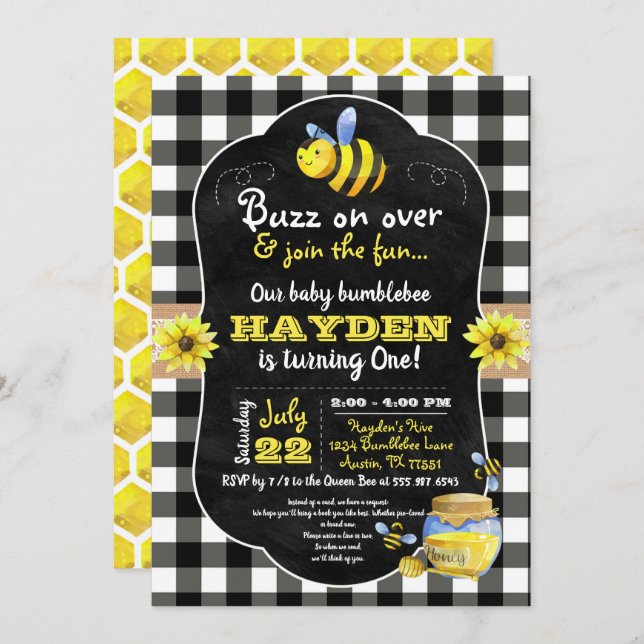 Invitation Bumblebee Honey Comb Sweet Baby Premier anniversai (Devant / Derrière)