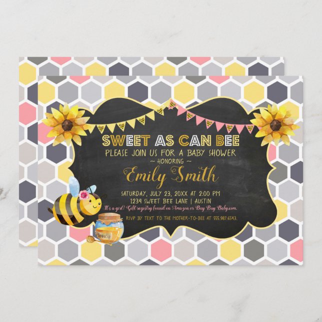 Invitation Bumblebee Sweet As Can Bee Girl Baby shower (Devant / Derrière)