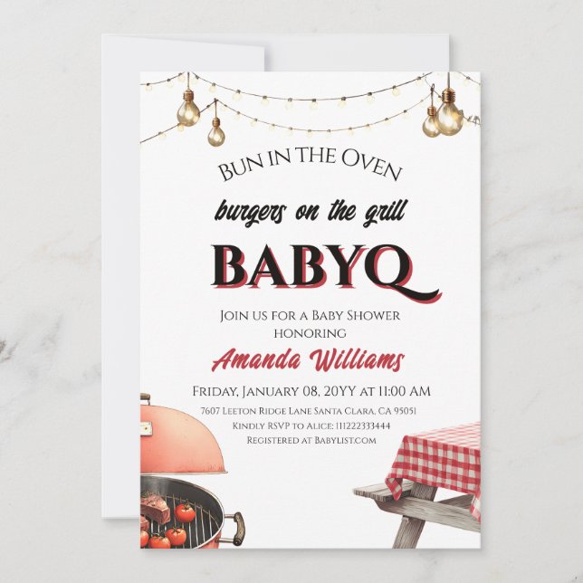 Invitation Bun au four Burger sur Grill BabyQ Baby shower bar (Devant)