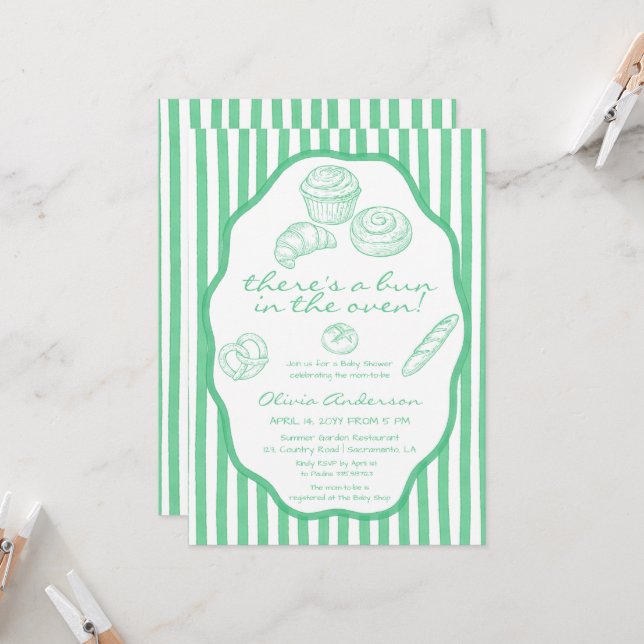 Invitation Bun au four rayures vertes Baby Shower (Devant/Arrière en situation)
