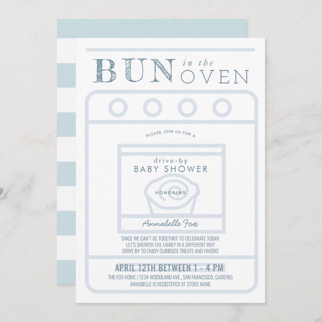 Invitation Bun dans le Baby shower Oven Boy Blue Drive-by (Devant / Derrière)