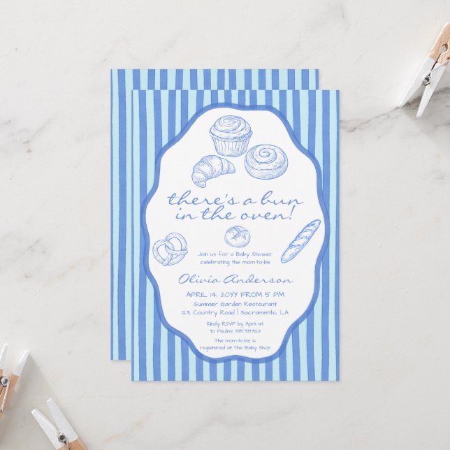 Invitation Bun in the oven blue pinstripes Baby Shower (Devant/Arrière en situation)