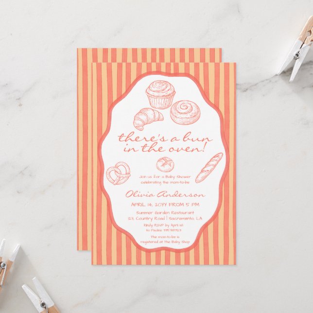 Invitation Bun in the oven pink pinstripes Baby Shower (Devant/Arrière en situation)