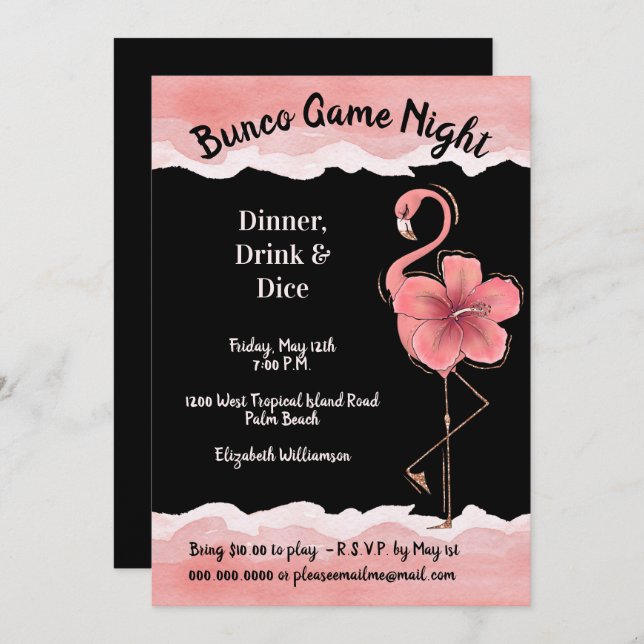 Invitation Bunco Nuit Filles Flamant rose Rose (Devant / Derrière)