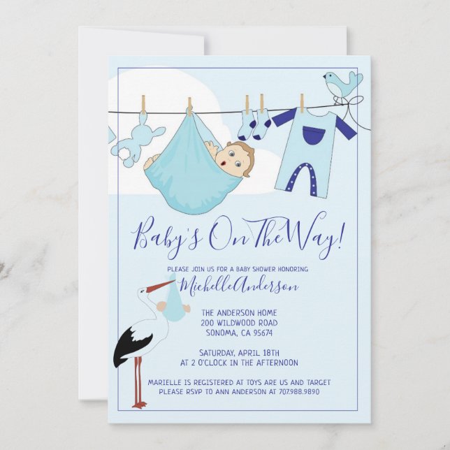 Invitation Bundle Bébé Bleu Sur Baby shower Clothesline (Devant)