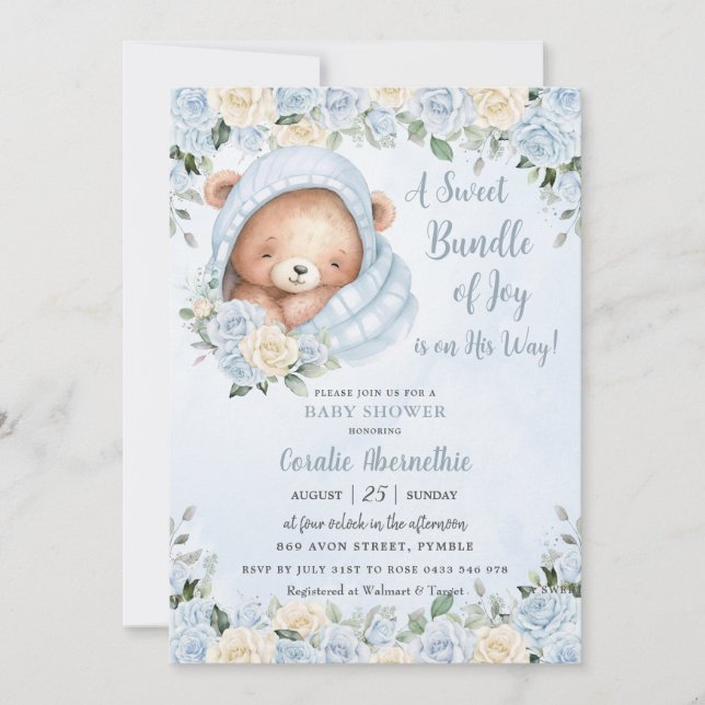Invitation Bundle Joy Bear Blue Floral Boy Baby shower (Devant)