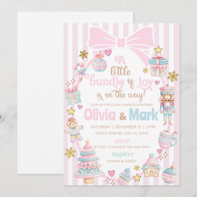 Invitation Bundle of Joy Christmas baby shower invite. (Devant / Derrière)