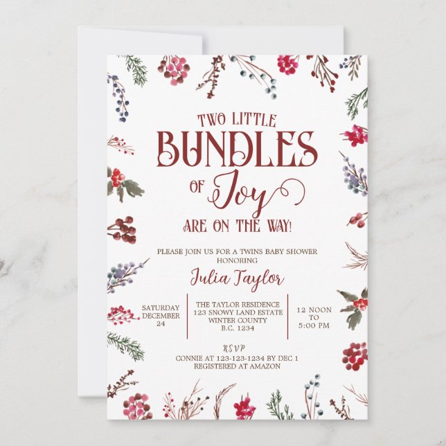 Invitation Bundof of Joy, Berries & Holly Twins Baby shower (Devant)