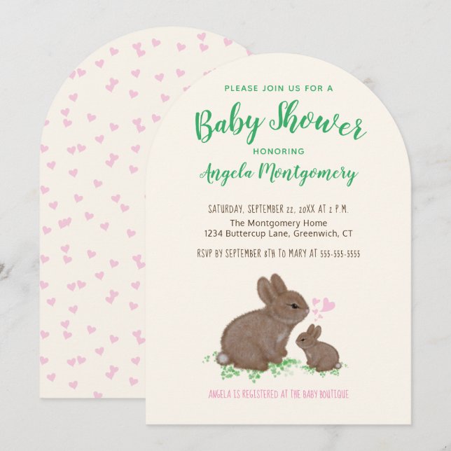 Invitation Bunnies mignons avec Baby shower de coeur (Devant / Derrière)