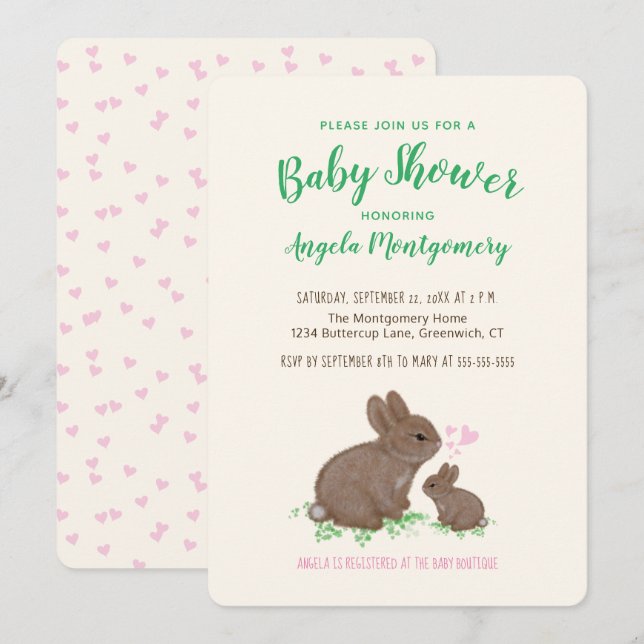 Invitation Bunnies mignons avec Baby shower de coeur (Devant / Derrière)
